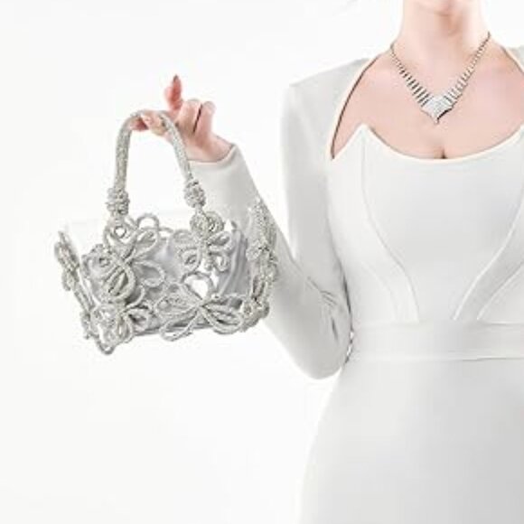 Neiman Marcus Silver Floral Evening Rhinestone Handbag - Picture 1 of 5